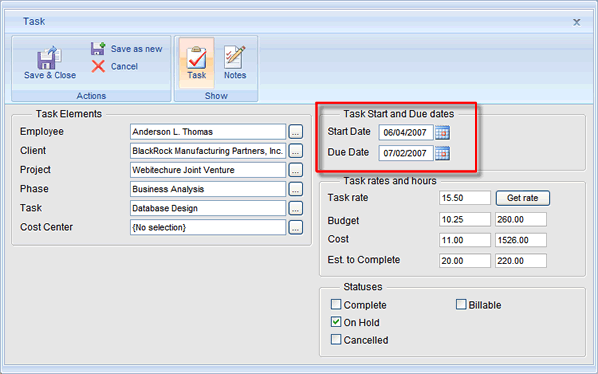 timesheet task start and end dates